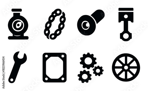 Industrial icons: pump, chain, bearing, piston, wrench, gears, wheel