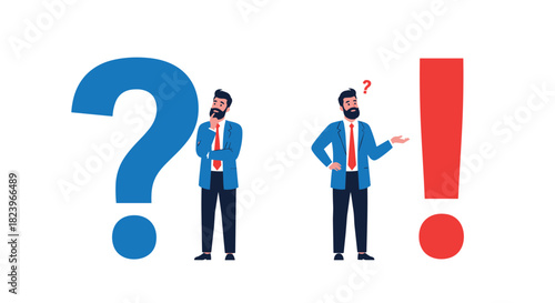 Businessman character thinking next to a large blue question mark and then finding a solution next to a red exclamation mark.