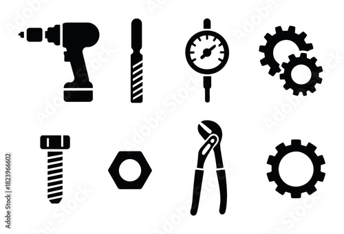 Black silhouettes of tools and gears on dark background