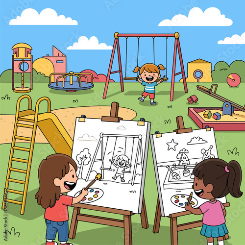 Cheerful Girls Enjoying Creative Art and Playtime in a Sunny Outdoor Playground Illustration