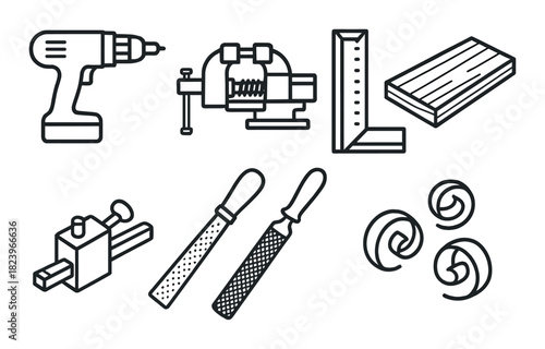 Set of hand tools and materials for woodworking projects and diy crafts