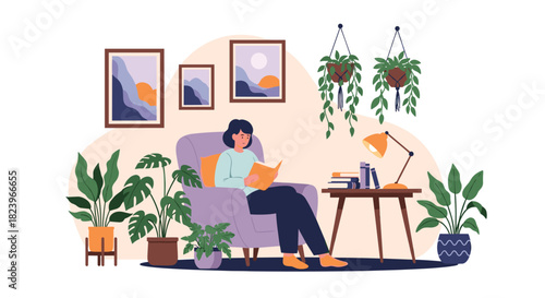 Woman relaxing in a cozy armchair and reading a book in a comfortable living room decorated with many green houseplants.