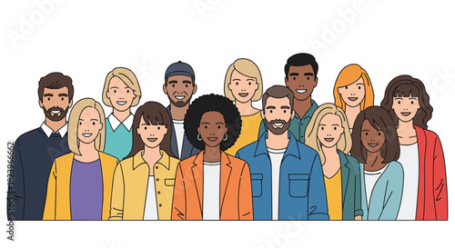 Large diverse group of smiling multicultural people standing together as a community or a successful business team illustration.