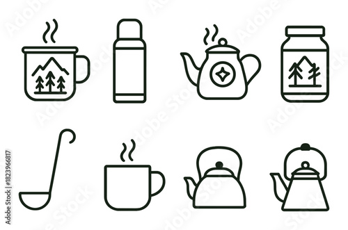 Minimalist camping mug and kettle icons on olive background