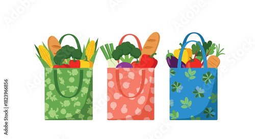 Three colorful reusable shopping bags filled with fresh healthy groceries like vegetables and bread promoting an eco-friendly lifestyle.