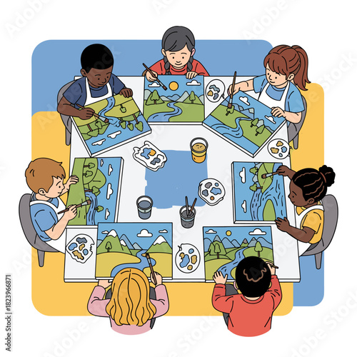 Diverse Group of Children Engaged in Painting Landscape Art in a Creative Classroom Workshop