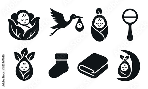 Baby icons collection: stork, swaddle, rattle, moon, blanket, sock