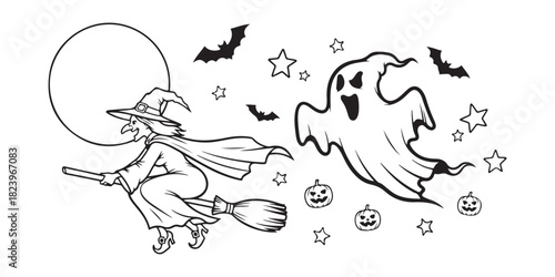 Halloween coloring page with witch ghost