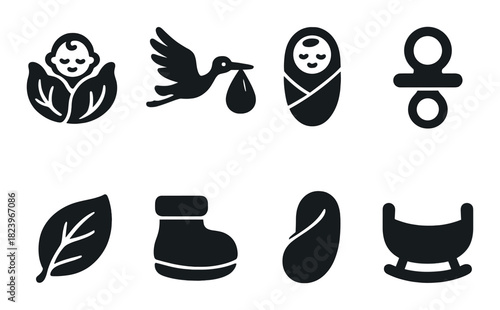 Baby icons set: stork, pacifier, leaf, boot, cradle silhouette on black background