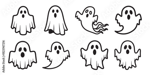 Set of cute cartoon ghost drawing