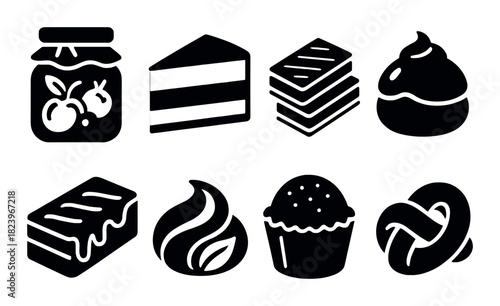 Silhouette icons of various desserts and sweets on gradient background