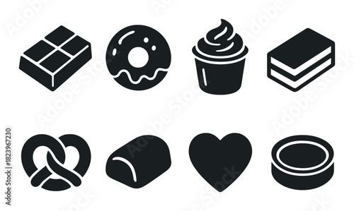 Assorted sweet treats icon set featuring chocolate, donut, cupcake, and more