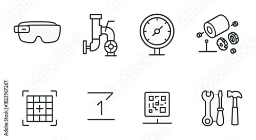 Industrial tools and equipment icons on metallic background