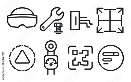 Vector icons of tools and safety gear on dark background