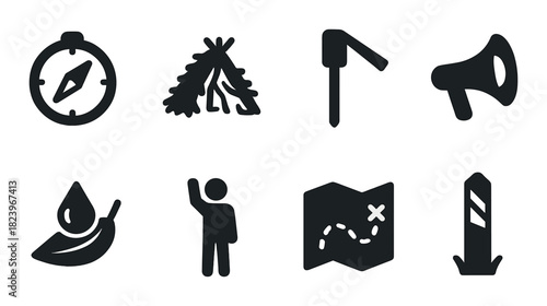 Adventure icons: compass, campfire, axe, megaphone, leaf, explorer, map, marker