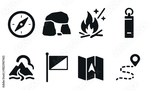 Adventure icons: compass, stone, campfire, bottle, mountains, flag, map, pathway