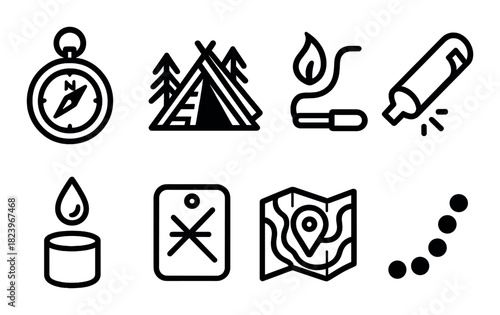Camping icons set featuring compass tent map fire water trees
