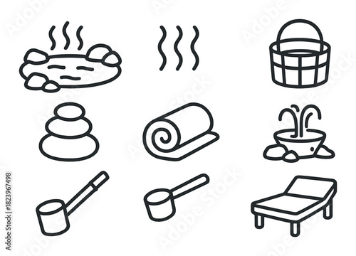 Minimalist spa icons: hot springs, sauna, relaxation elements on black background