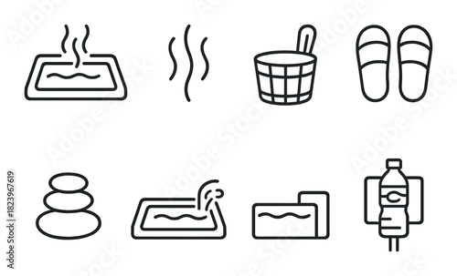 Spa icons: sauna, hot tub, relaxation accessories, and therapy symbols