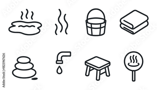 Spa icons set: hot stones, sauna bucket, towel, steam, water tap, wooden stool