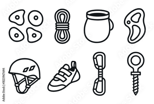 Climbing gear icons: helmet, shoes, rope, clips, holds, belay, chalk, anchor