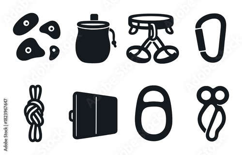 Silhouette icons of climbing gear including rope, carabiner, chalk bag, and harnesses