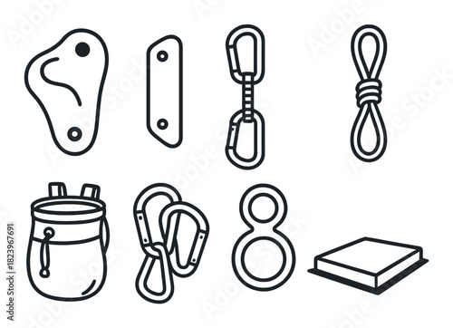 Essential climbing equipment icons: carabiners, rope, chalk bag, climbing holds, belay device