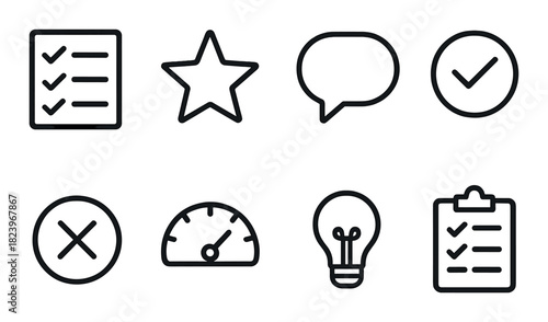 Set of black icons on dark background featuring checklist, star, speech bubble, and more