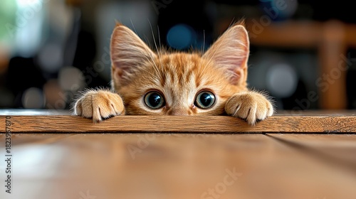 A close-up, eye-level shot of a small, orange tabby kitten peeking over the edge of a wooden table. The kitten has large, round, expressive eyes and its paws ar