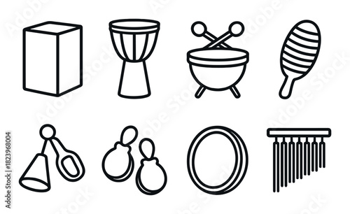 Black and white set of percussion instrument icons on gradient background