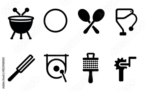 Silhouette icons of percussion instruments including drum and maracas