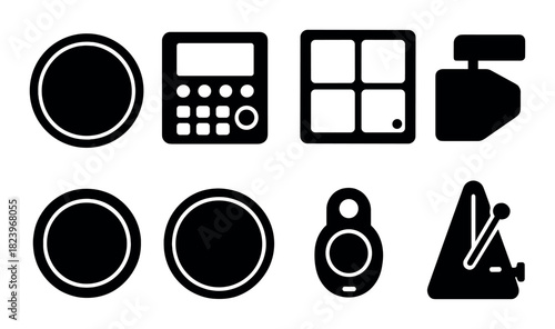 Set of eight black music and tech icons on gray background