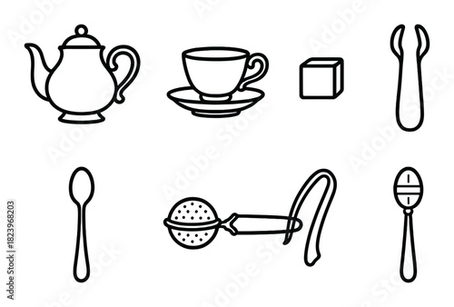Silhouette tea set: teapot, cup, cube, spoon, strainer, tong on green background