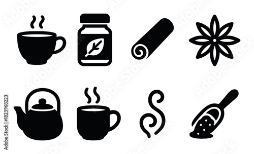 Tea and spice silhouettes: cup, jar, mat, flower, teapot, leaf, scoop