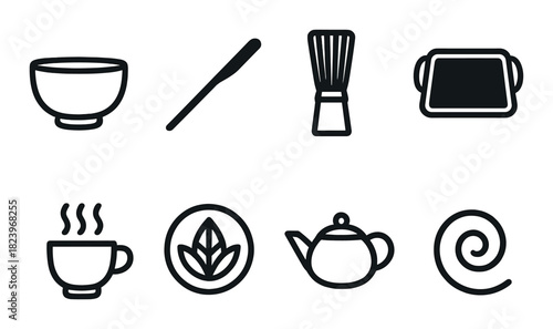 Tea ceremony icons: teapot, whisk, bowl, leaf, steam, tray, swirl