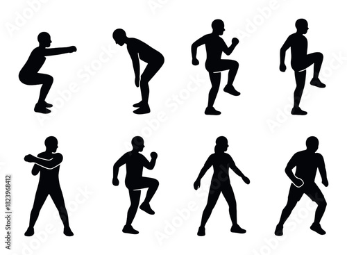 Silhouette of diverse fitness poses on black background