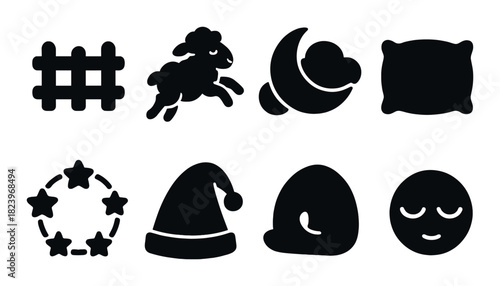 Sleep icons set featuring sheep, moon, stars, pillow, and sleeping hat illustrations