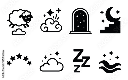Dreamy nighttime icon set with clouds, sheep, and moon illustrations