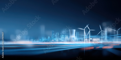 Illustrations of various power generation devices and new power systems against a blue background.