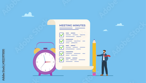 Businessman writing meeting minutes with alarm clock. Meeting minutes, lecture summary or meeting conclusion document, effective writing for discussion plan, note or information report.