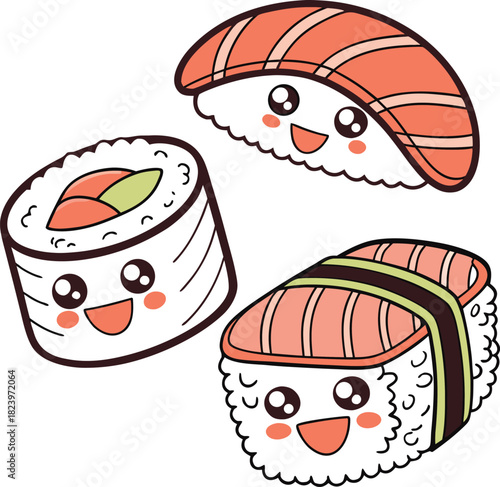 Cute cartoon sushi characters smiling, three sushi pieces, happy food illustration.