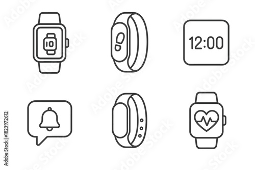 Smartwatch and fitness tracker icons with bell and heart rate symbols