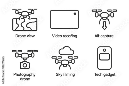 Drone technology icons: air capture and video recording with tech gadgets
