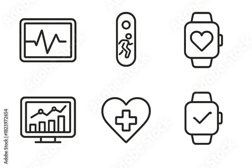 Health and fitness icons: heartbeat, activity, smartwatch, analytics, healthcare