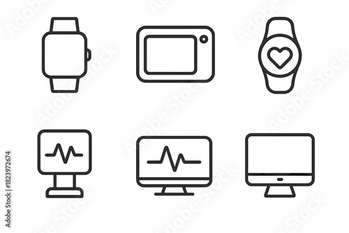 Minimalist medical and fitness watch and monitor icons set