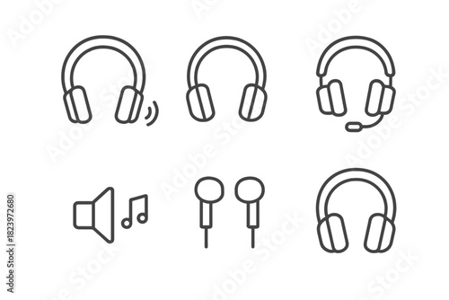 Collection of audio device icons including headphones and earbuds
