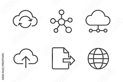Cloud technology icons: synchronization, networking, upload, file transfer, global connectivity