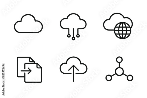 Cloud technology icons: network, upload, download, global connectivity symbols