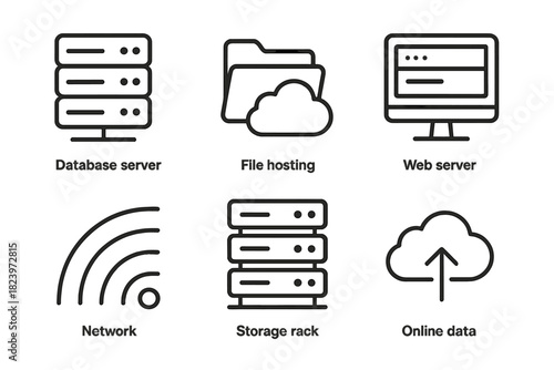 Cloud computing icons: database, file hosting, web server, network, storage, online data