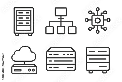 Set of network and data storage icons: cloud, servers, and connectivity symbols
